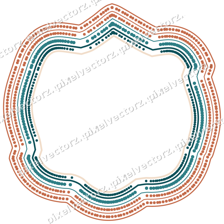 Decorative line art frame in dark teal and orange with label plaque