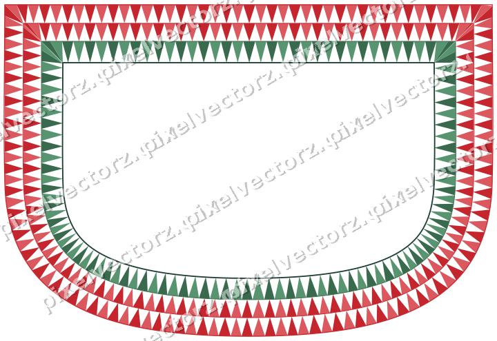 Decorative line art frame in dark green and red with shield and dentil