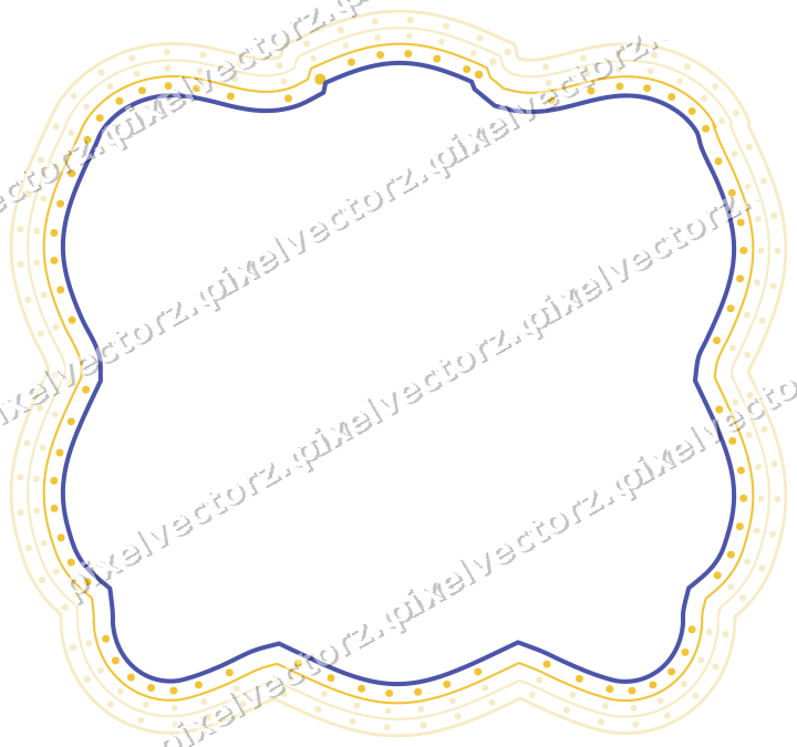 Decorative line art frame in dark blue and amber with label plaque