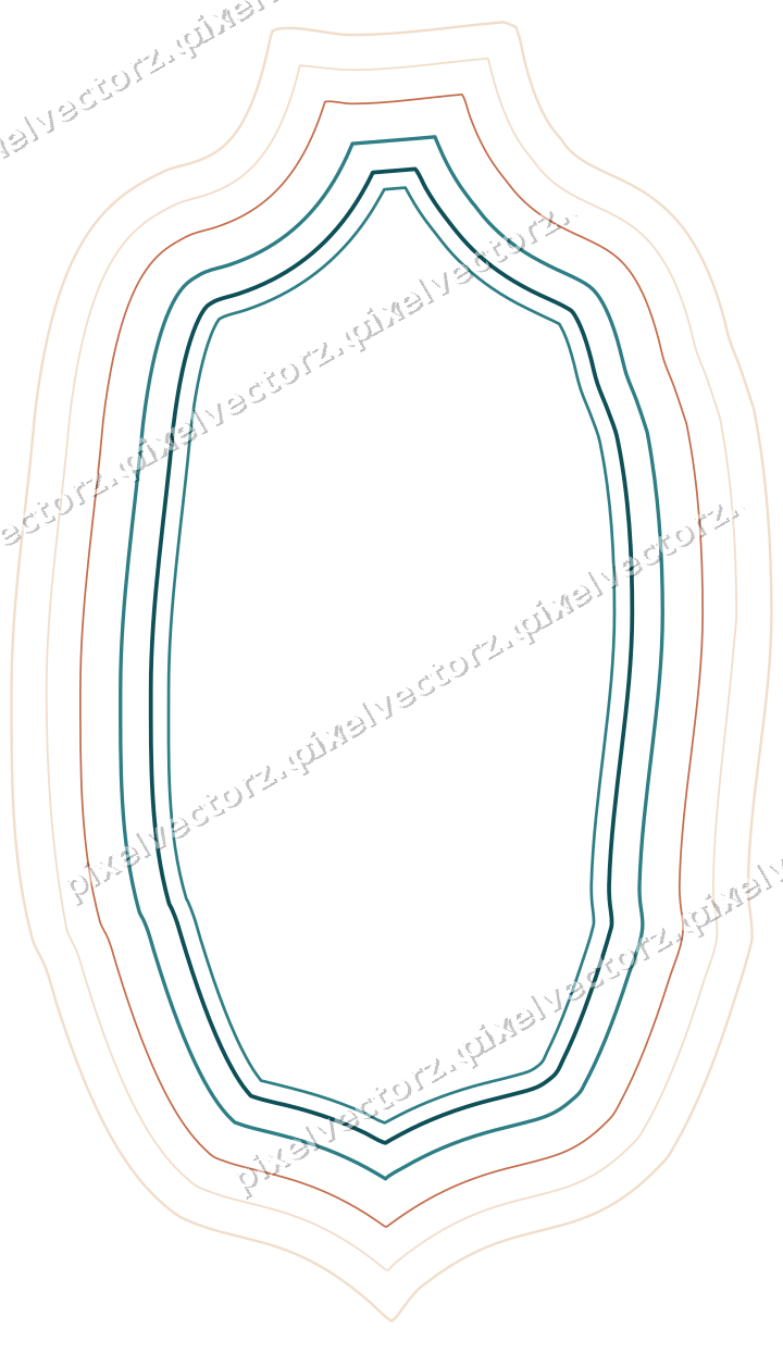 Decorative line art frame in dark teal and orange with label plaque