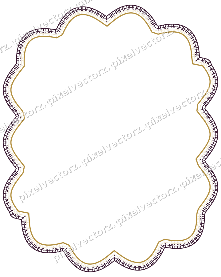 Decorative line art frame in dark magenta and amber with label plaque