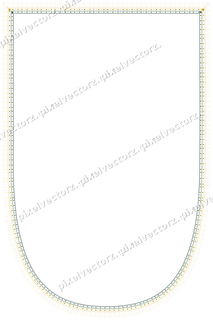 Decorative line art frame in dark green and amber with shield