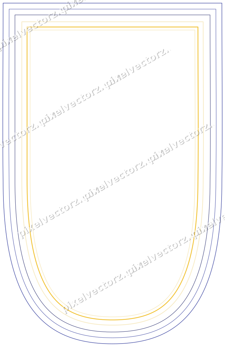 Decorative line art frame in dark blue and amber with shield