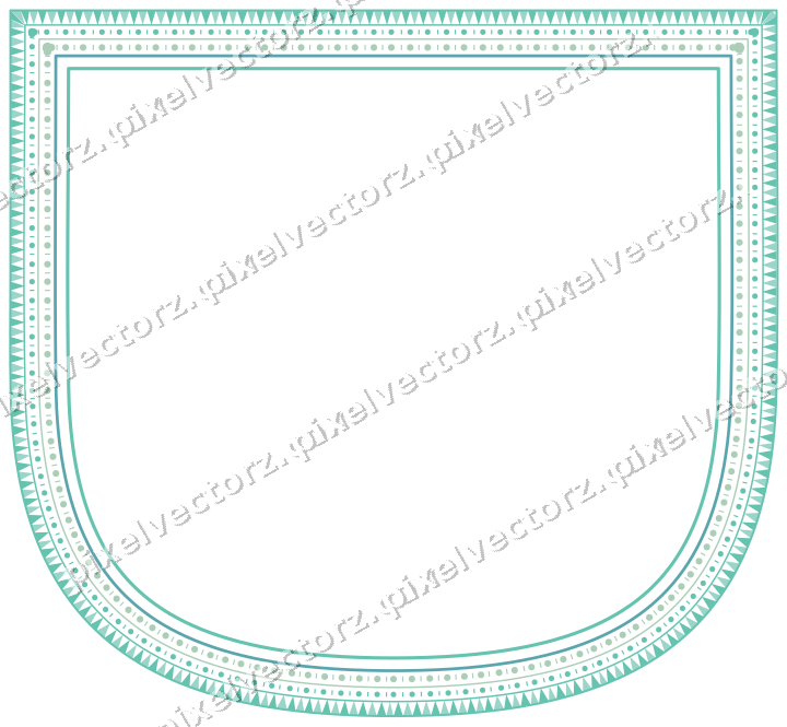 Decorative line art frame in green and teal with shield and dentil