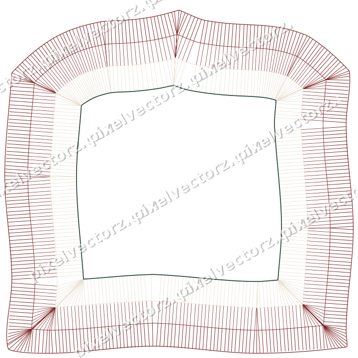Decorative line art frame in dark red and dark green with label plaque