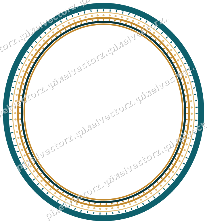 Decorative line art frame in amber and dark teal with oval