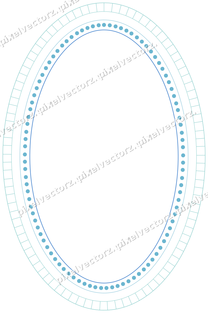 Decorative line art frame in blue and cyan with oval and hatching