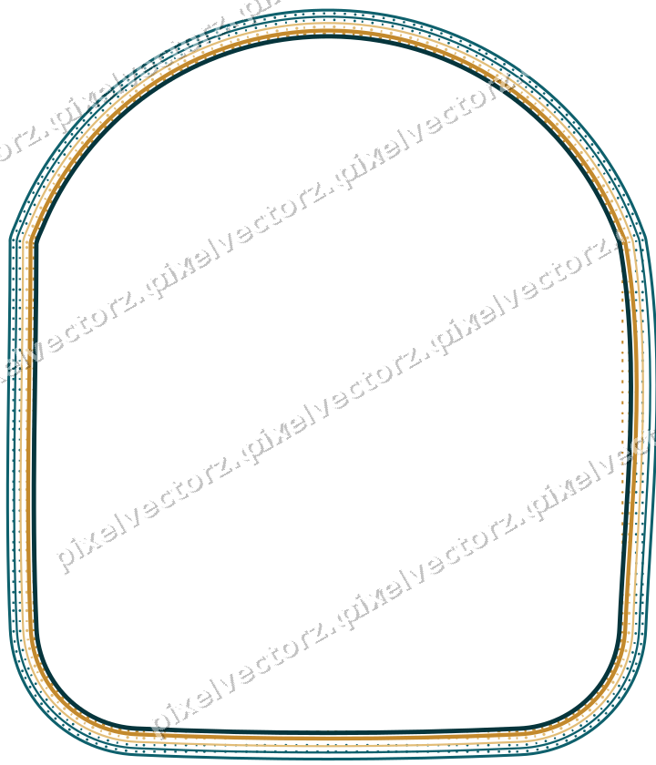 Decorative line art frame in amber and dark teal with label plaque