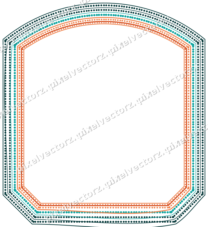 Decorative line art frame in orange and teal with label plaque