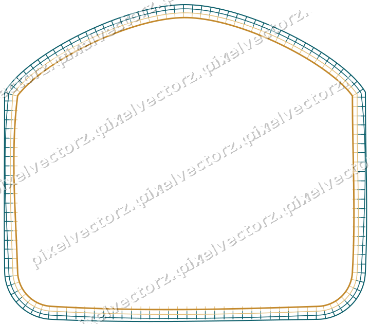 Decorative line art frame in amber and dark teal with label plaque