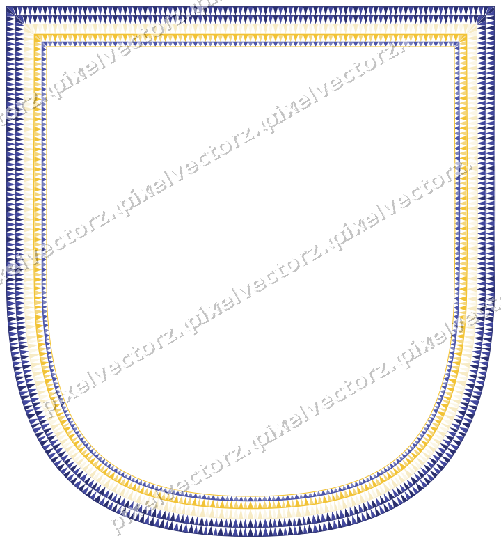 Decorative line art frame in dark blue and amber with shield