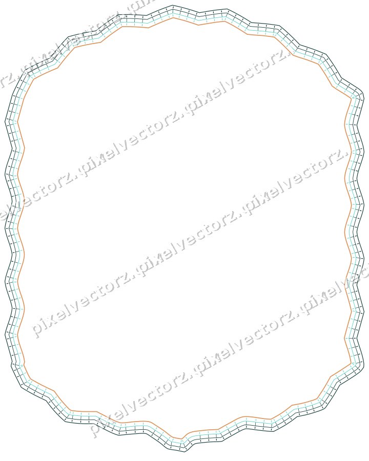 Decorative line art frame in orange and teal with label plaque