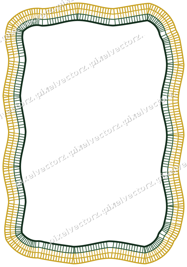 Decorative line art frame in dark green and amber with label plaque
