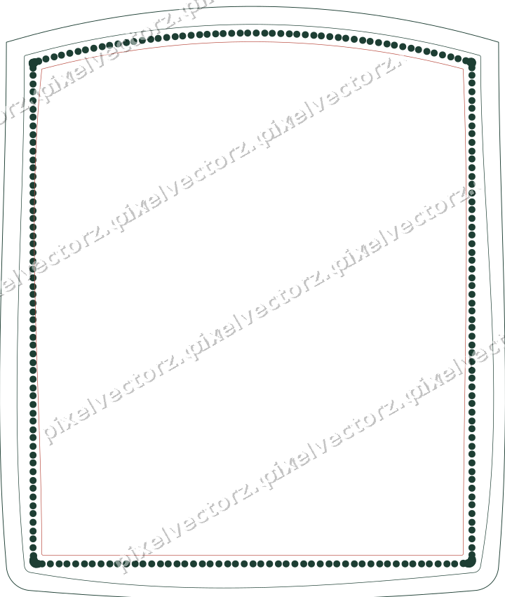 Decorative line art frame in dark red and dark green with label plaque