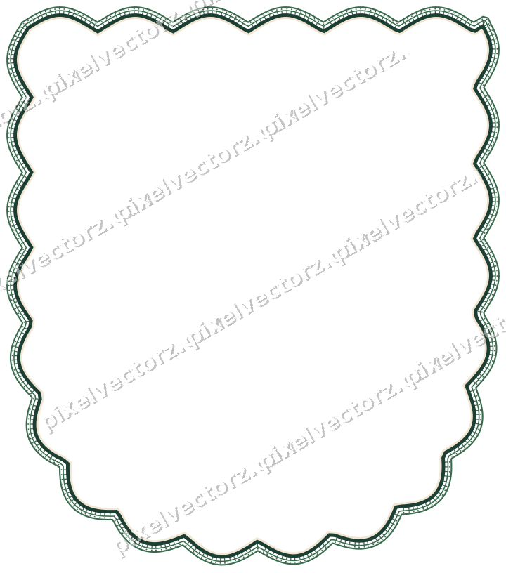 Decorative line art frame in dark green and red with shield
