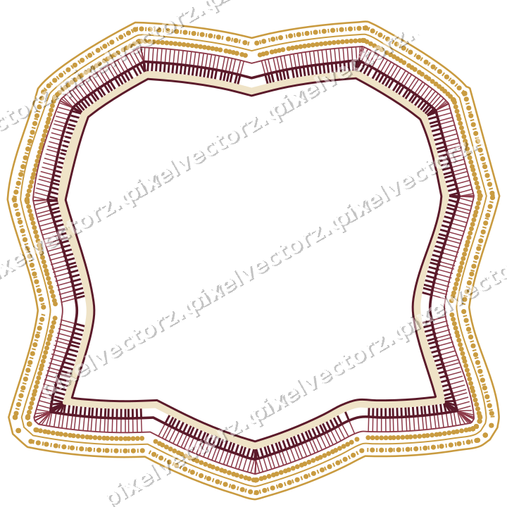 Decorative line art frame in dark pink and amber with label plaque