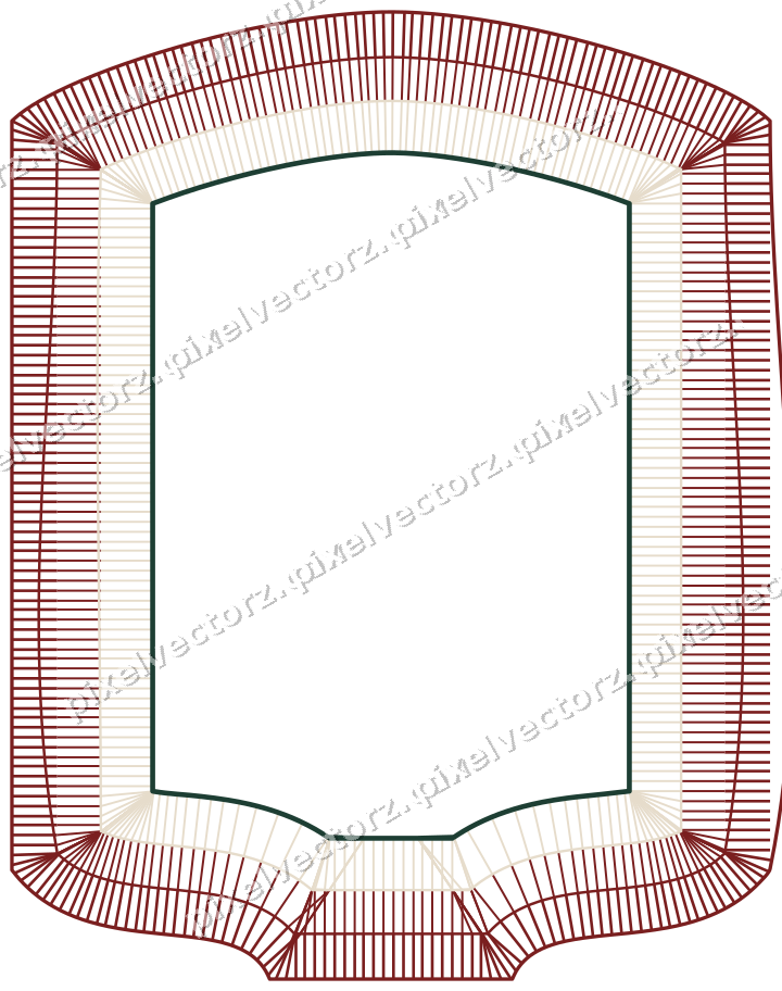 Decorative line art frame in dark red and dark green with label plaque