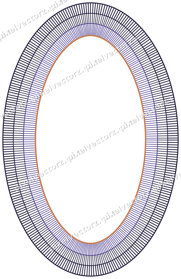 Decorative line art frame in orange and blue with oval and hatching