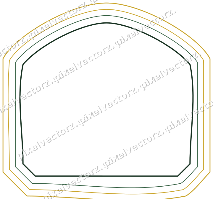 Decorative line art frame in dark green and amber with label plaque