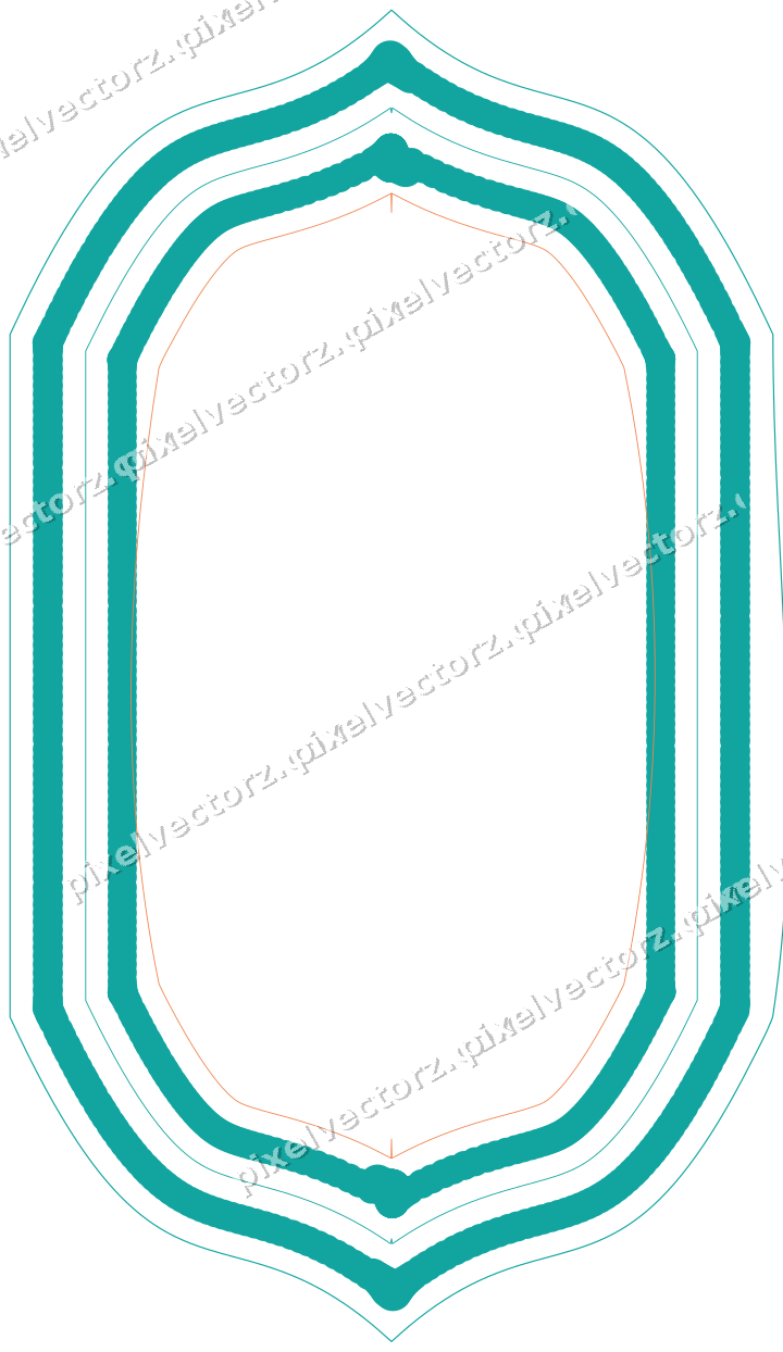 Decorative line art frame in orange and teal with label plaque