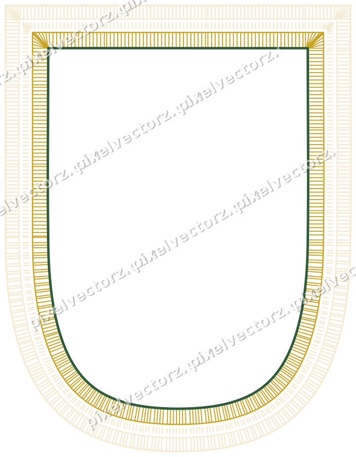 Decorative line art frame in dark green and amber with shield
