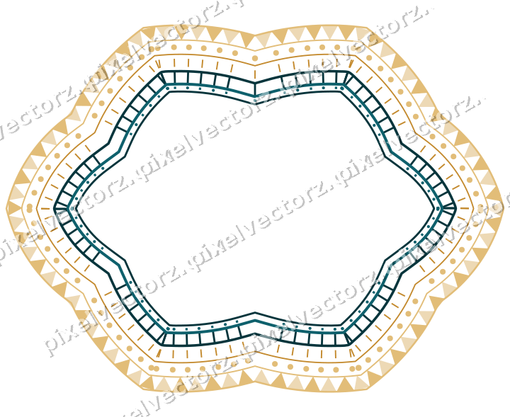 Decorative line art frame in amber and dark teal with oval