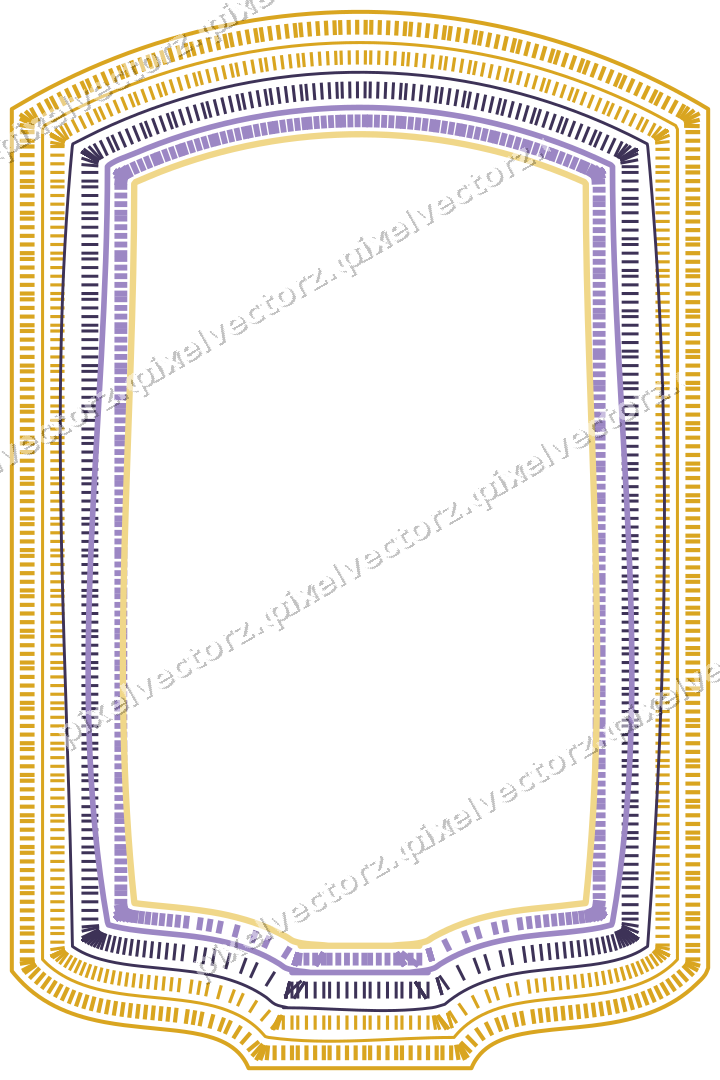 Decorative line art frame in amber and purple with label plaque