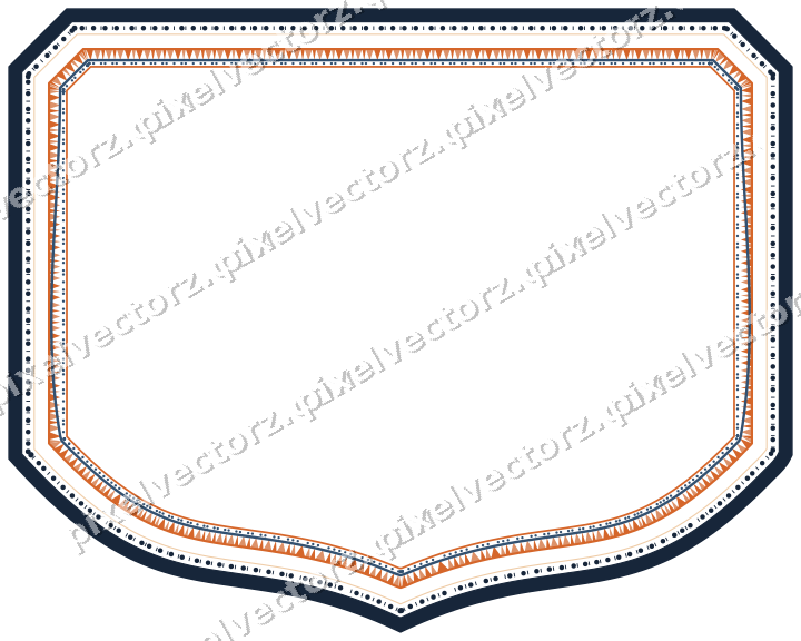 Decorative line art frame in dark blue and orange with label plaque