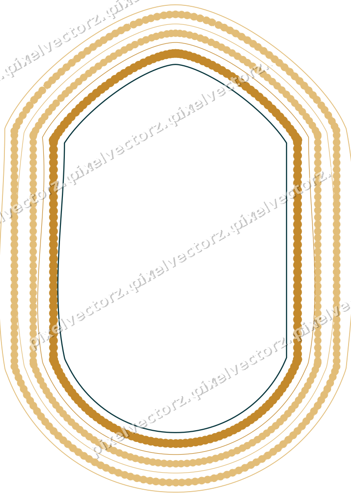 Decorative line art frame in amber and dark teal with label plaque
