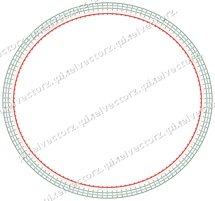 Decorative line art frame in dark green and red with oval