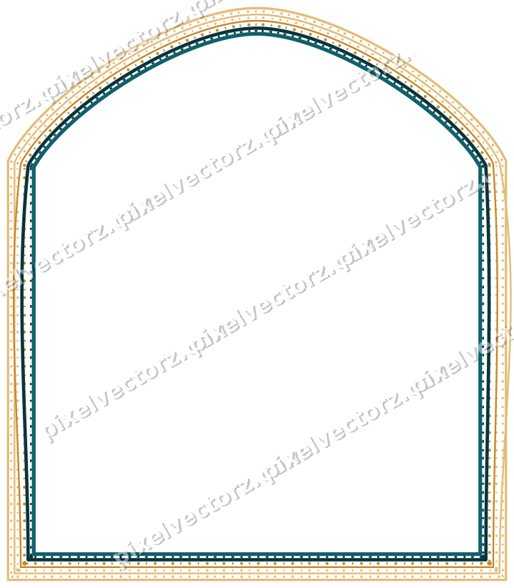 Decorative line art frame in amber and dark teal with label plaque