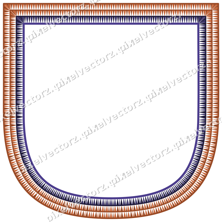 Decorative line art frame in orange and blue with shield and dentil
