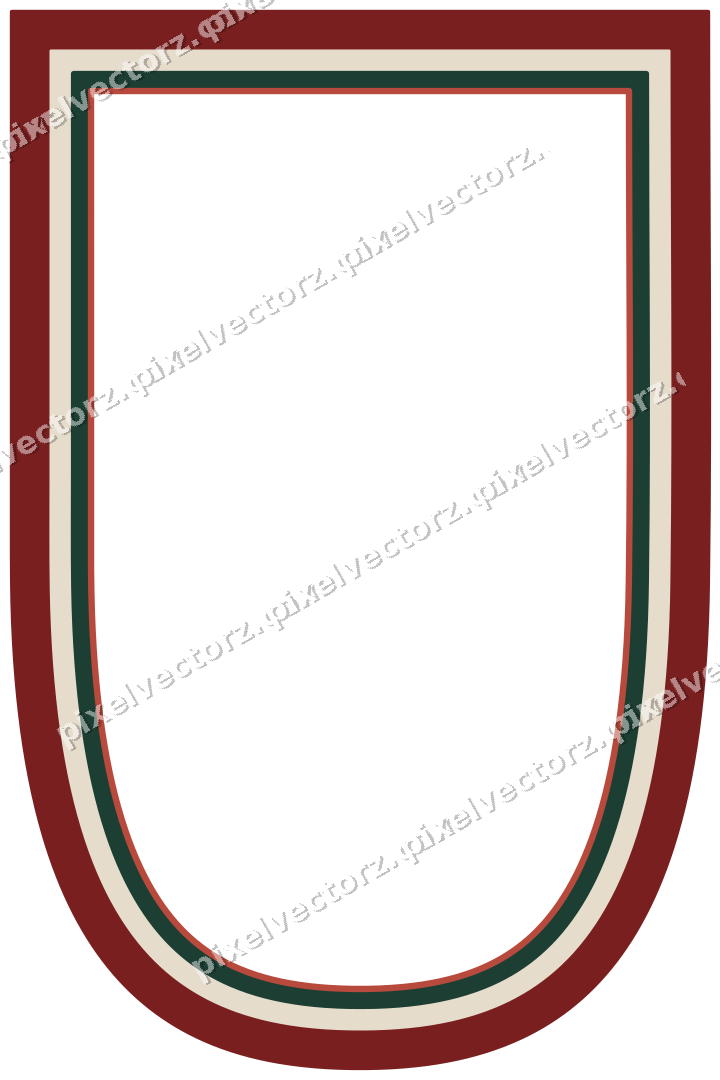Decorative line art frame in dark red and dark green with shield