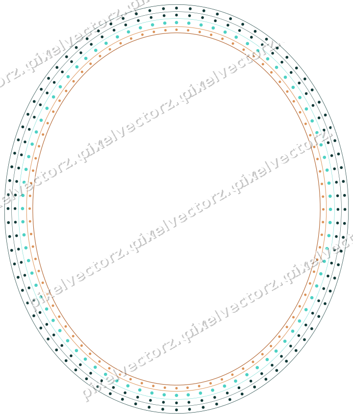 Decorative line art frame in orange and teal with oval and dotted line