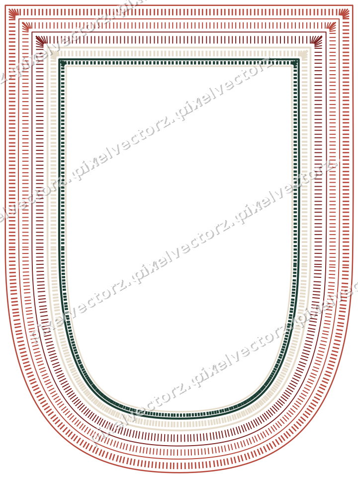 Decorative line art frame in dark red and dark green with shield