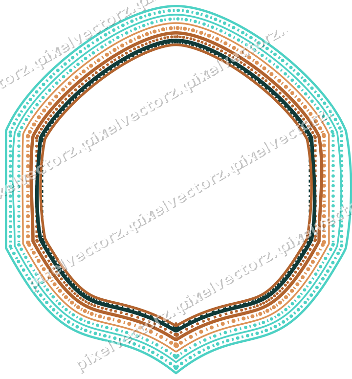 Decorative line art frame in orange and teal with label plaque