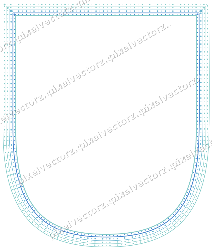 Decorative line art frame in blue and cyan with shield and beaded line