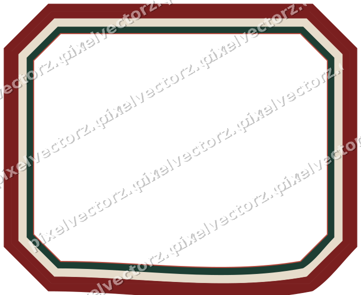 Decorative line art frame in dark red and dark green with label plaque