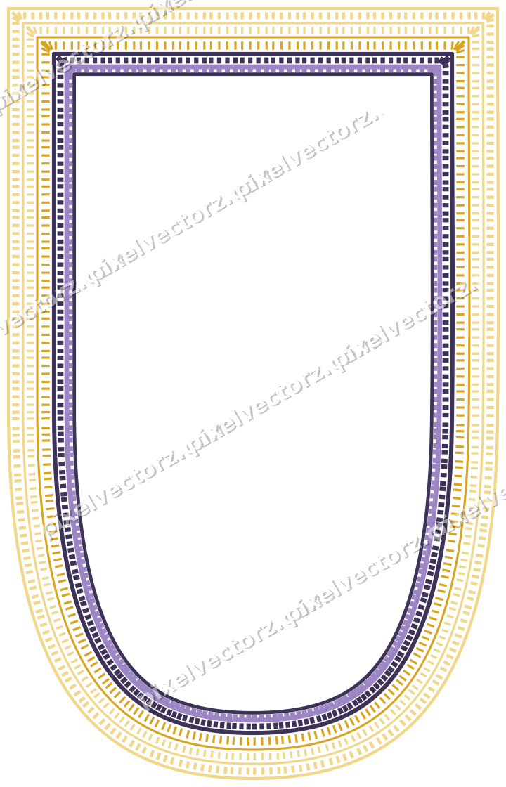 Decorative line art frame in amber and purple with shield