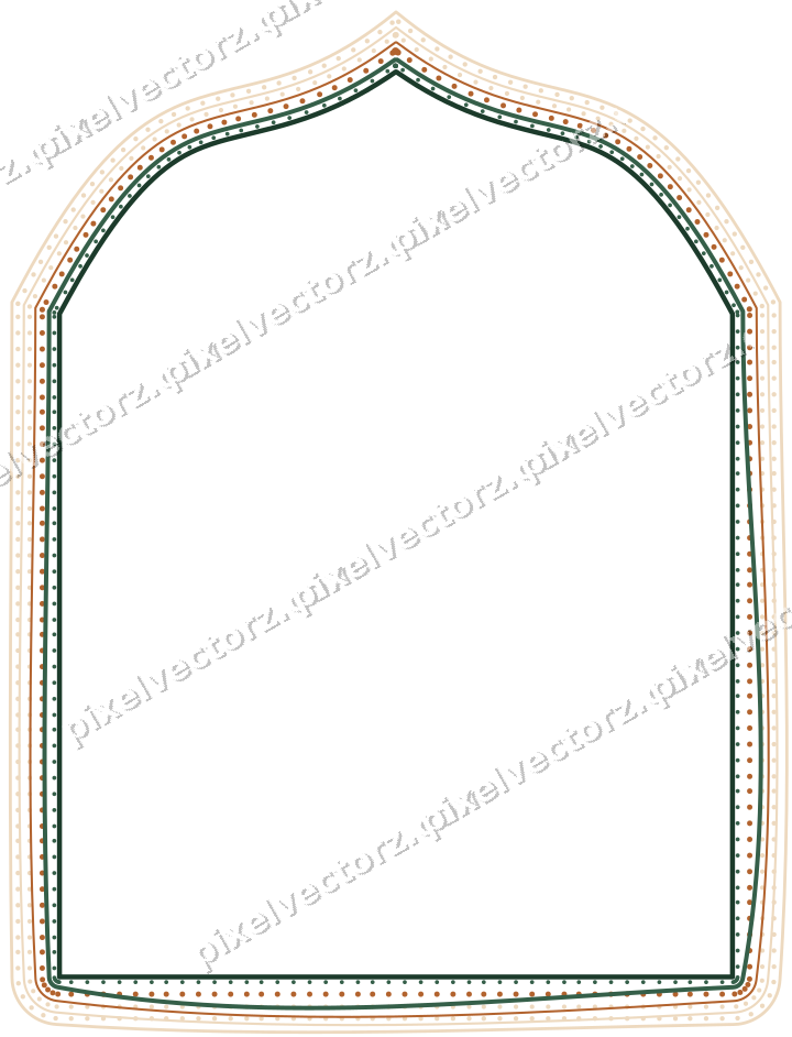 Decorative line art frame in dark green and orange with label plaque