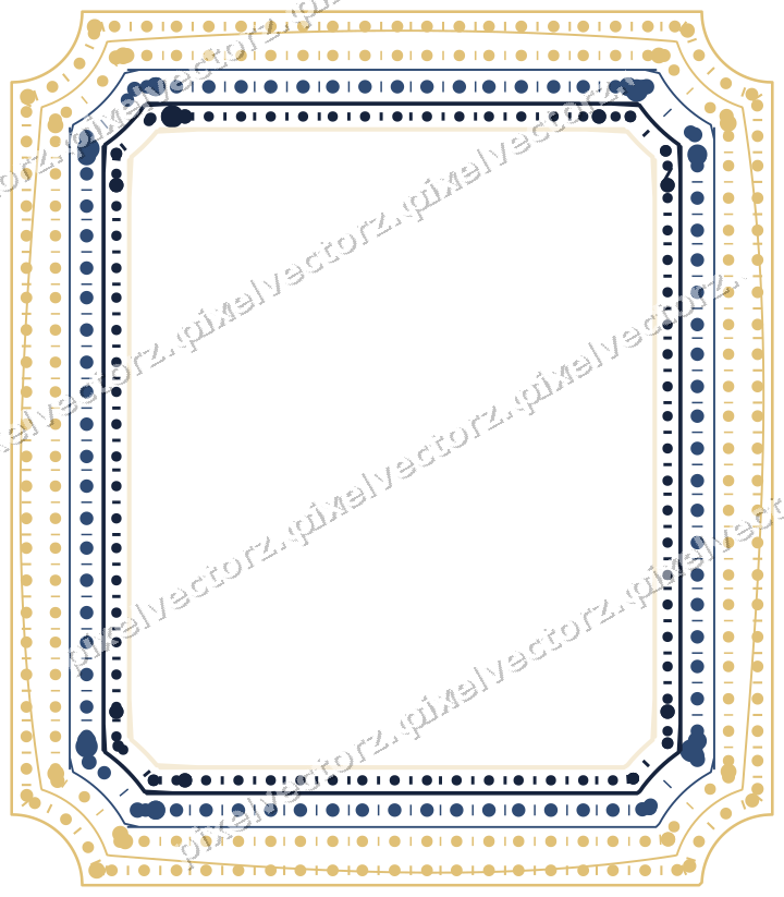 Decorative line art frame in dark blue and amber with label plaque