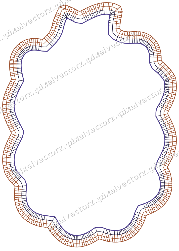 Decorative line art frame in orange and blue with label plaque