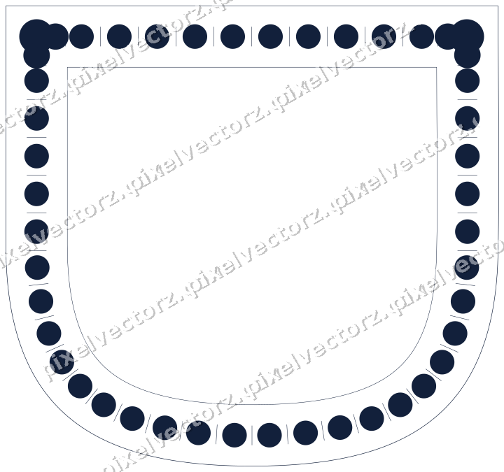 Decorative line art frame in dark blue and white with shield