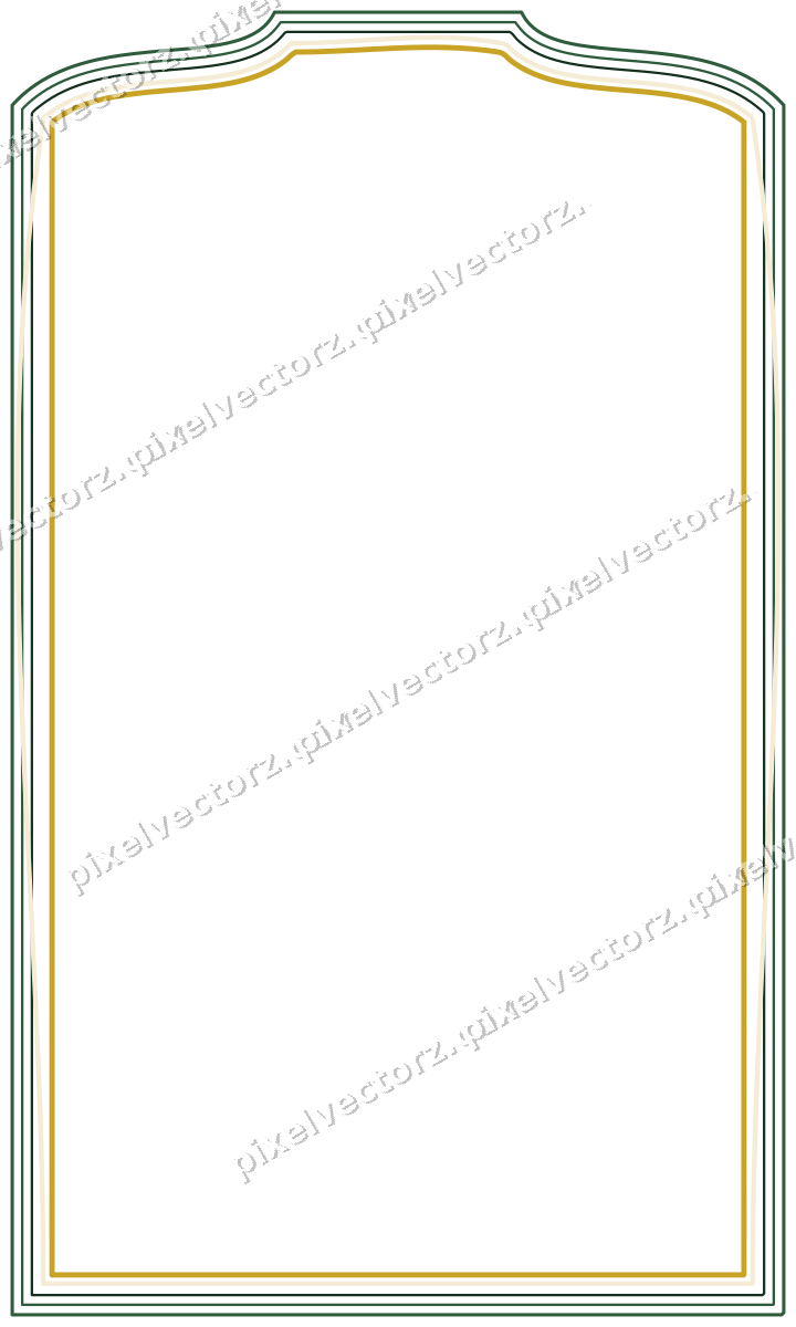 Decorative line art frame in dark green and amber with label plaque
