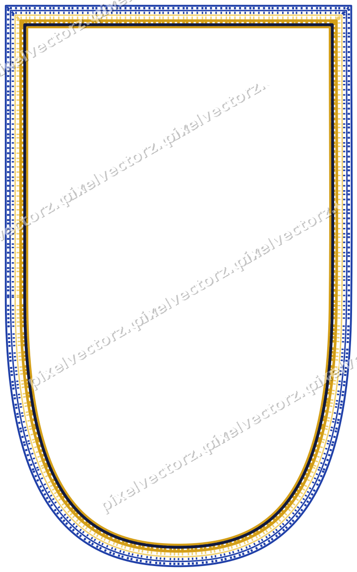 Decorative line art frame in amber and blue with shield