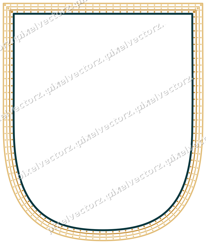 Decorative line art frame in amber and dark teal with shield