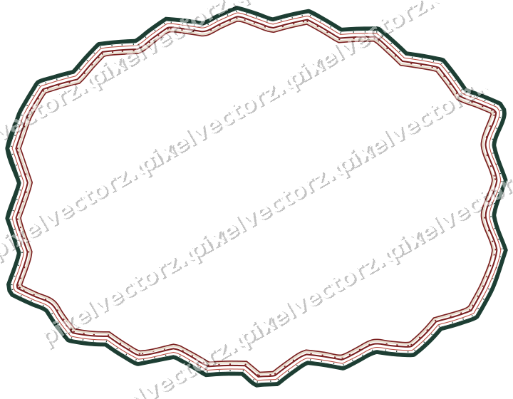 Decorative line art frame in dark red and dark green with label plaque