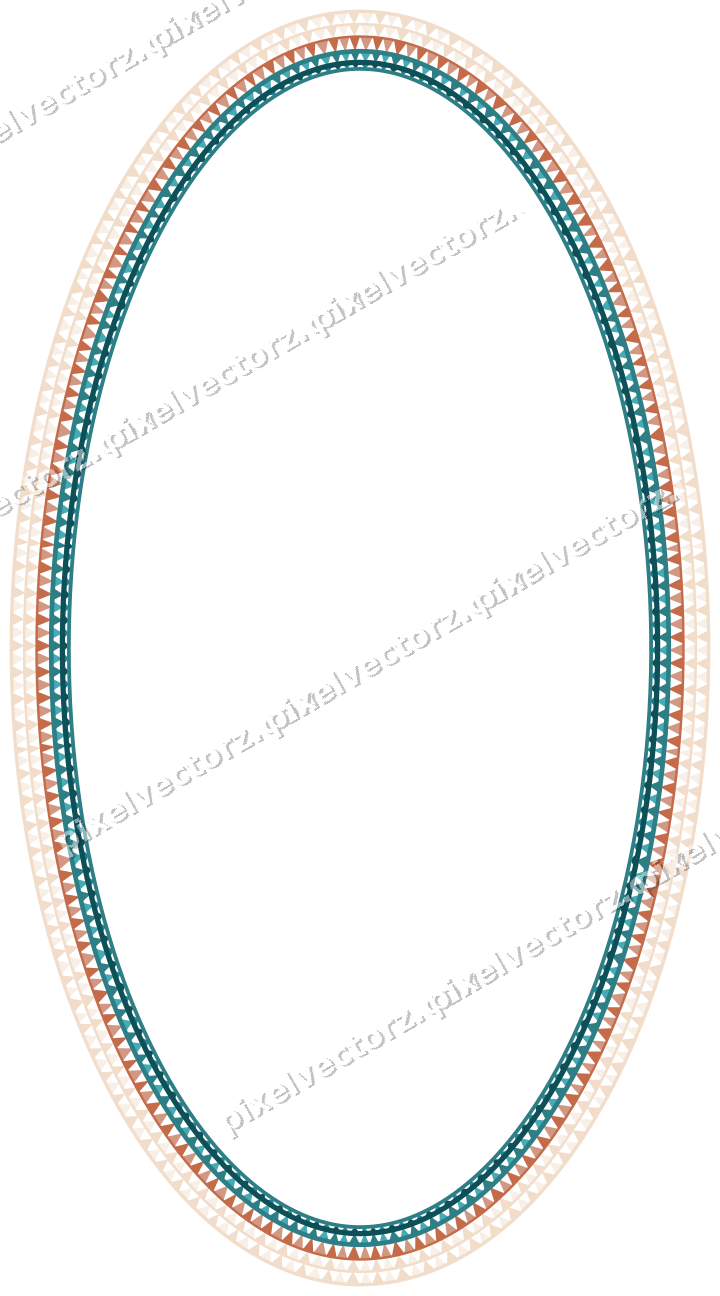 Decorative line art frame in dark teal and orange with oval and dentil
