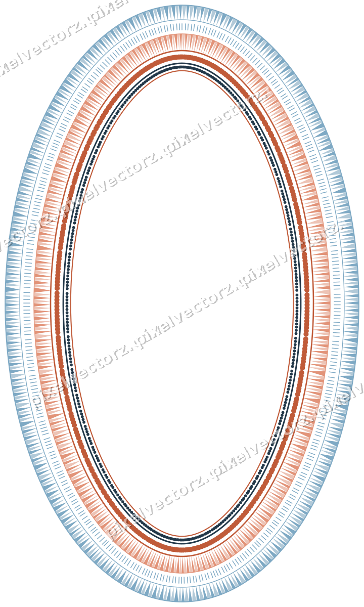 Decorative line art frame in orange and cyan with oval and dentil