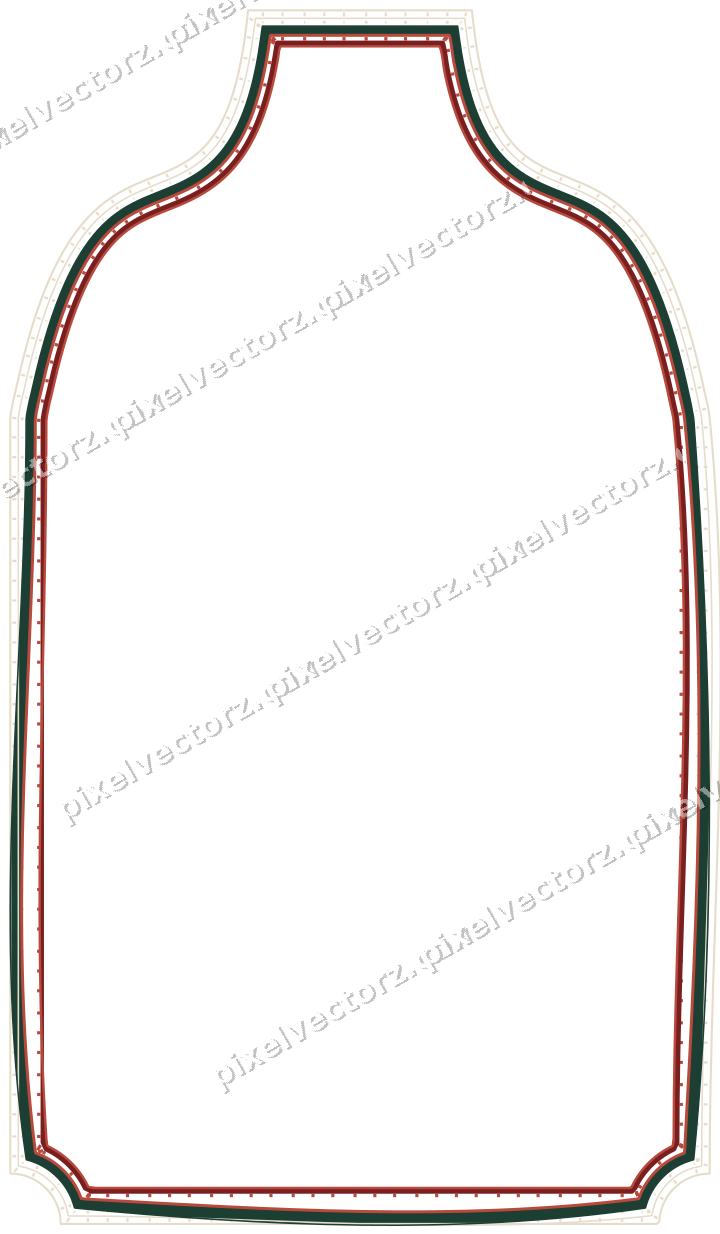 Decorative line art frame in dark red and dark green with label plaque